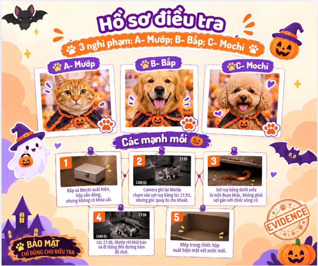 Hồ sơ điều tra với ba nghi phạm Mướp, Bắp, Mochi và các manh mối