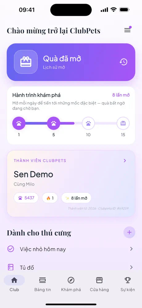 Trang chủ ứng dụng Clubpets với quà hằng ngày và thẻ thành viên